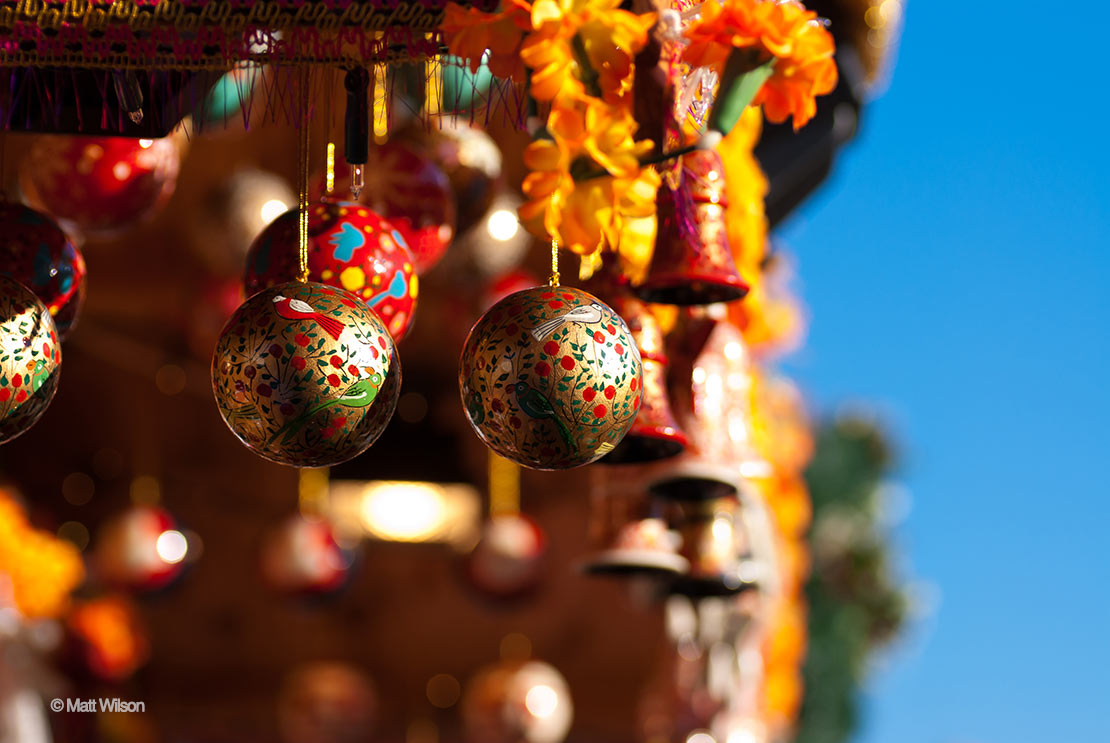 Christmas decorations glistening in the sun